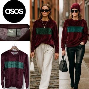 256 ASOS | NWOT Turkey Burgundy Green Velvet Stripe Sweatshirt Pullover (Size S)